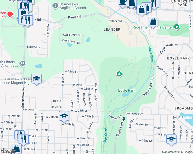 map of restaurants, bars, coffee shops, grocery stores, and more near 2226 Dorchester Drive in Little Rock