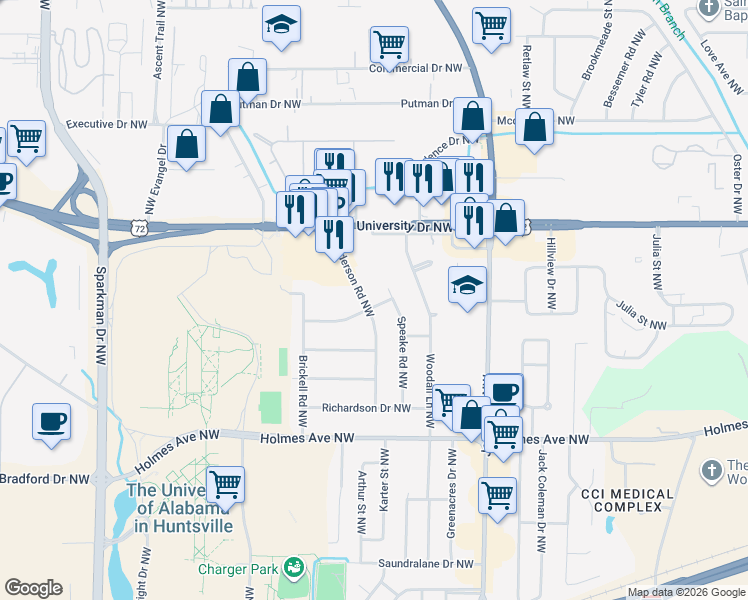 map of restaurants, bars, coffee shops, grocery stores, and more near 1000 Henderson Road Northwest in Huntsville