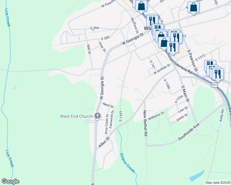 map of restaurants, bars, coffee shops, grocery stores, and more near 470 Sharp Street in Woodruff