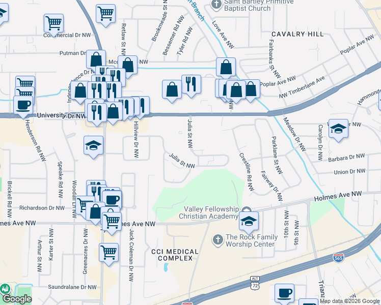 map of restaurants, bars, coffee shops, grocery stores, and more near 505 Julia Street Northwest in Huntsville