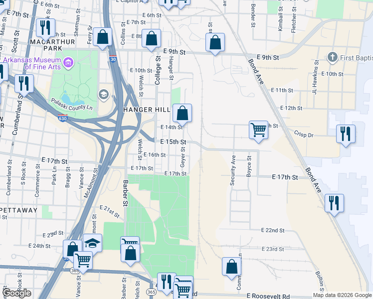 map of restaurants, bars, coffee shops, grocery stores, and more near 1513 Geyer Street in Little Rock