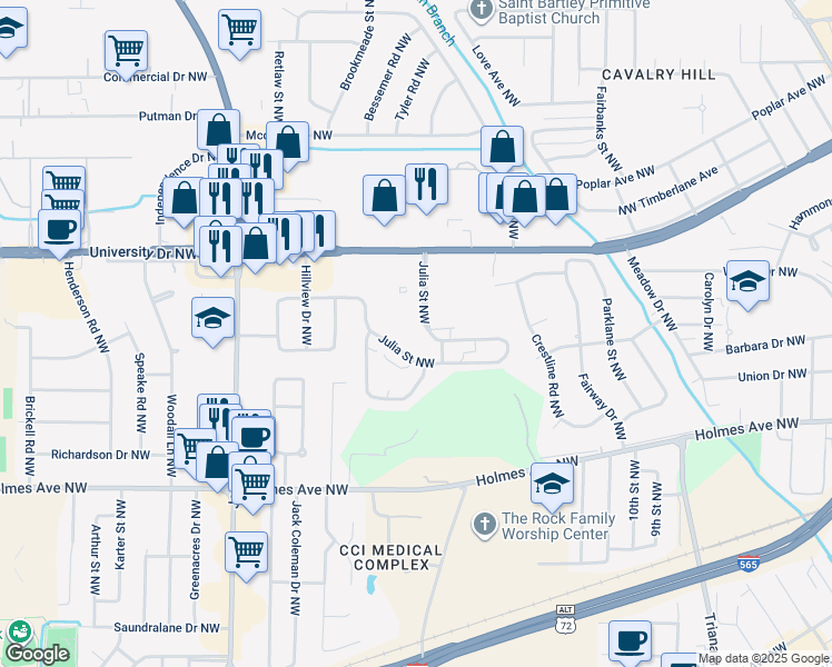 map of restaurants, bars, coffee shops, grocery stores, and more near 505 Julia Street Northwest in Huntsville