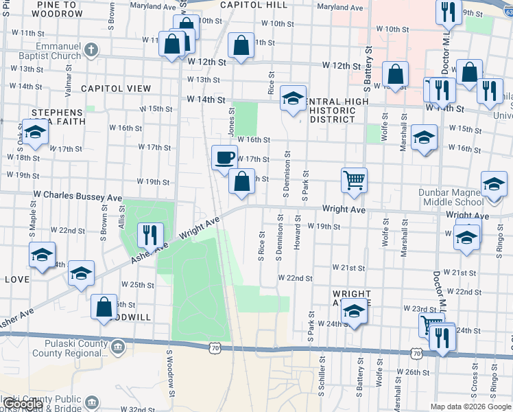 map of restaurants, bars, coffee shops, grocery stores, and more near 2410 Wright Avenue in Little Rock