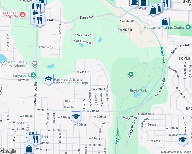 map of restaurants, bars, coffee shops, grocery stores, and more near 12 Woodwind Drive in Little Rock