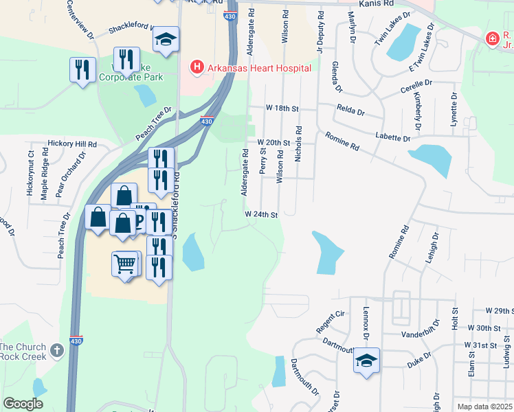 map of restaurants, bars, coffee shops, grocery stores, and more near 2212 Perry Street in Little Rock
