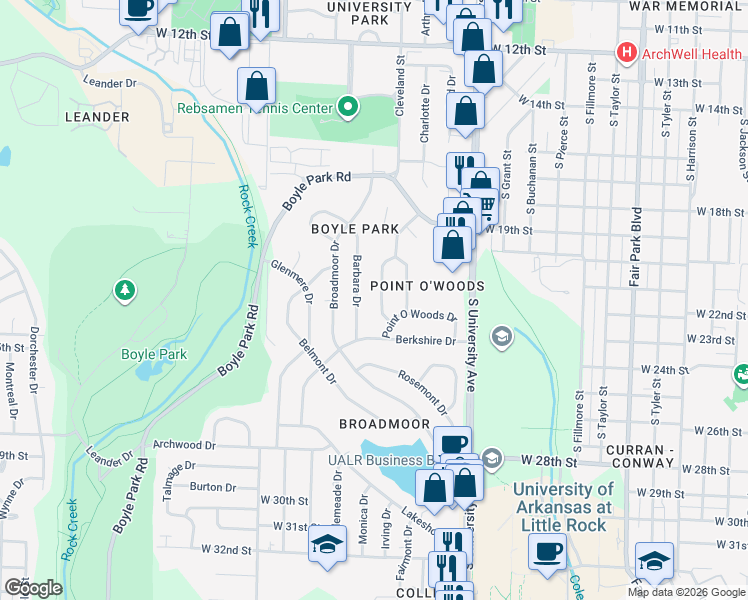 map of restaurants, bars, coffee shops, grocery stores, and more near 22 Holly Hill Road in Little Rock