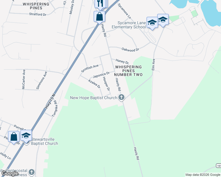 map of restaurants, bars, coffee shops, grocery stores, and more near 11601 Hooper Drive in Laurinburg