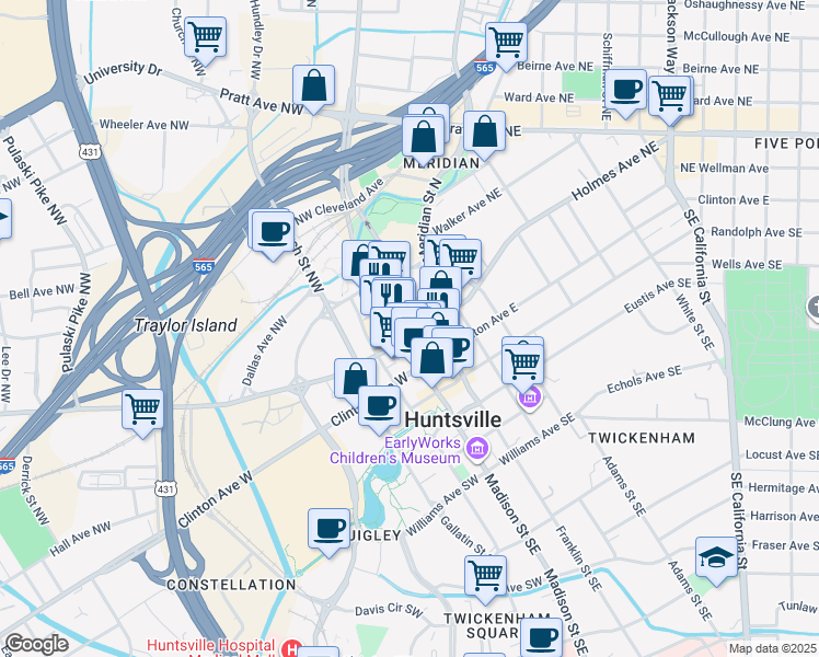 map of restaurants, bars, coffee shops, grocery stores, and more near 101 Holmes Avenue Northeast in Huntsville