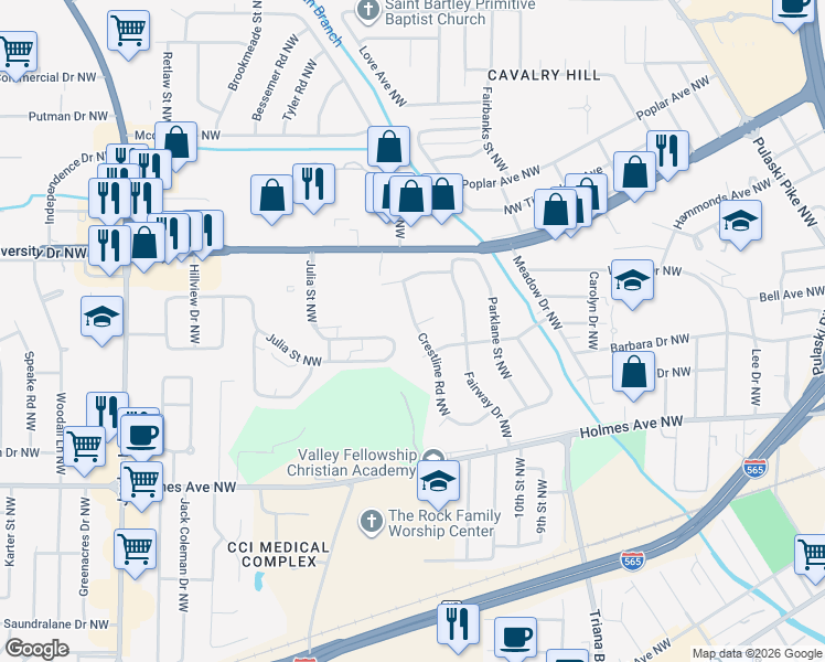 map of restaurants, bars, coffee shops, grocery stores, and more near 1007 Crestline Road Northwest in Huntsville