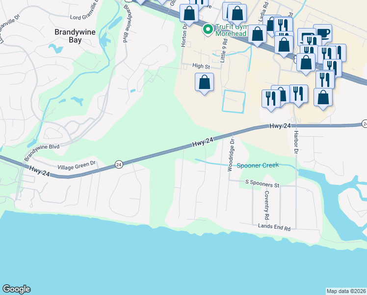 map of restaurants, bars, coffee shops, grocery stores, and more near 400 North Carolina 24 in Morehead City