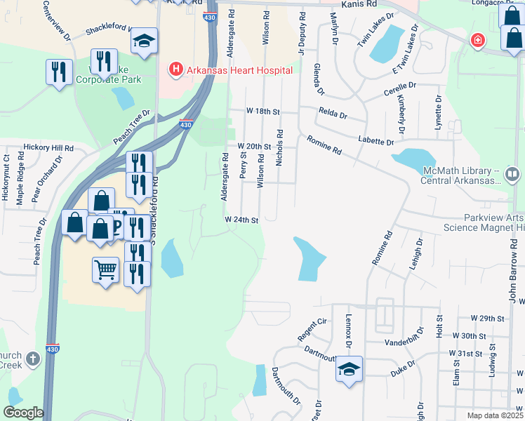 map of restaurants, bars, coffee shops, grocery stores, and more near 2225 Wilson Road in Little Rock