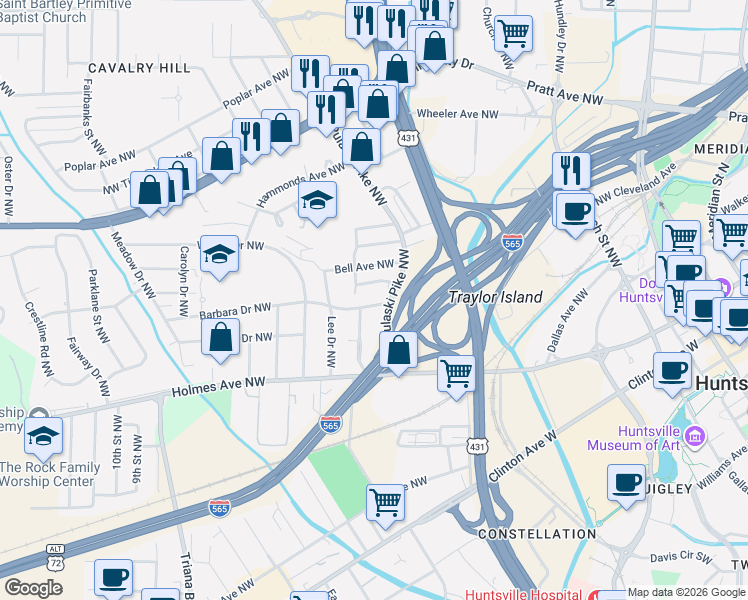 map of restaurants, bars, coffee shops, grocery stores, and more near 2302 Stanley Drive Northwest in Huntsville
