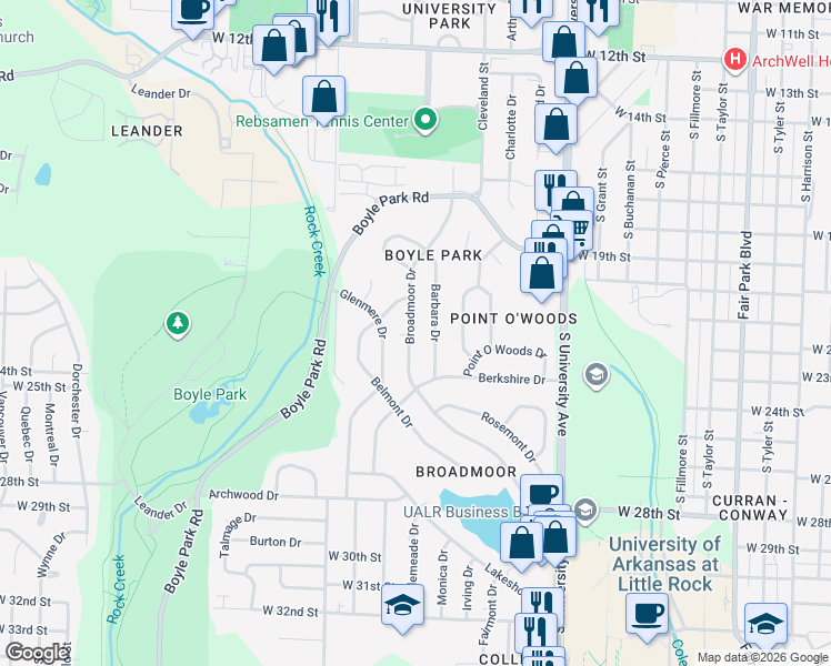 map of restaurants, bars, coffee shops, grocery stores, and more near 74 Broadmoor Drive in Little Rock