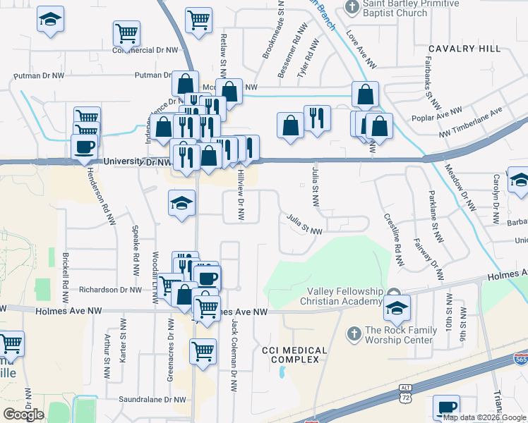 map of restaurants, bars, coffee shops, grocery stores, and more near 4014 East Crestview Drive Northwest in Huntsville
