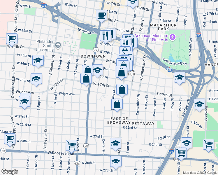map of restaurants, bars, coffee shops, grocery stores, and more near 1701 Center Street in Little Rock