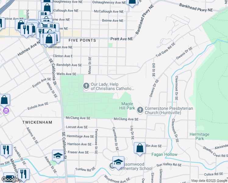 map of restaurants, bars, coffee shops, grocery stores, and more near 1423 Kingsbury Avenue Southeast in Huntsville