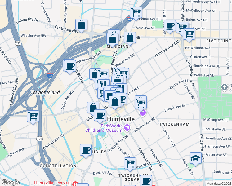 map of restaurants, bars, coffee shops, grocery stores, and more near 110 Washington Street Northeast in Huntsville