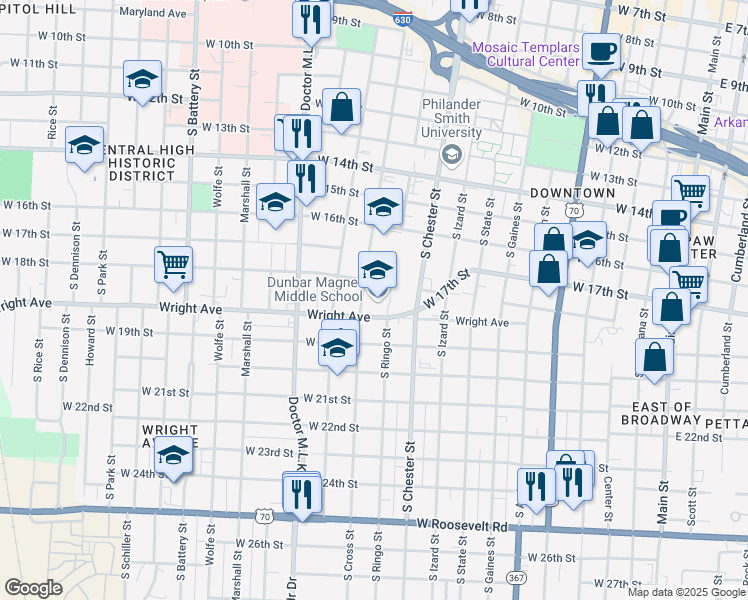 map of restaurants, bars, coffee shops, grocery stores, and more near 1100 Wright Avenue in Little Rock