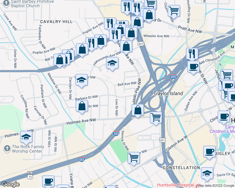 map of restaurants, bars, coffee shops, grocery stores, and more near 1004 Lee Drive Northwest in Huntsville