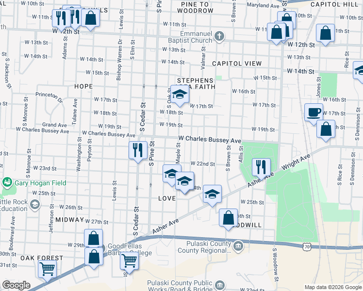 map of restaurants, bars, coffee shops, grocery stores, and more near 2013 South Maple Street in Little Rock