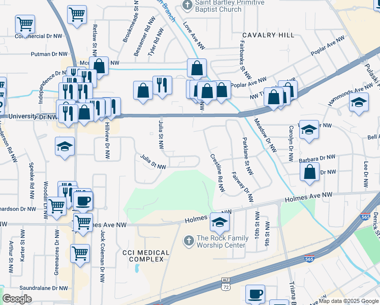 map of restaurants, bars, coffee shops, grocery stores, and more near 670 Julia Street Northwest in Huntsville