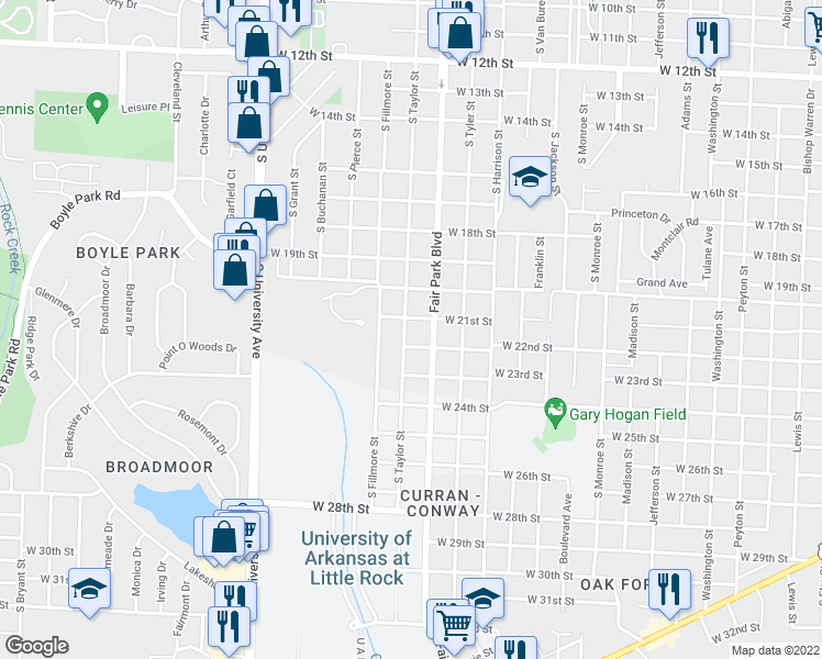 map of restaurants, bars, coffee shops, grocery stores, and more near 2105 South Taylor Street in Little Rock