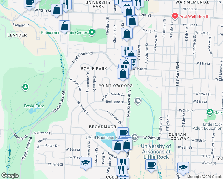 map of restaurants, bars, coffee shops, grocery stores, and more near 19 Fair Oaks Drive in Little Rock