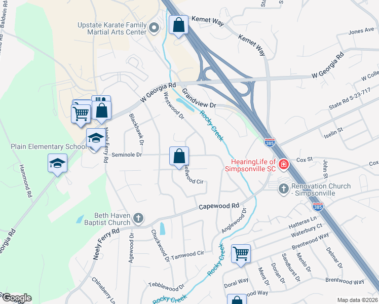 map of restaurants, bars, coffee shops, grocery stores, and more near 201 Seminole Drive in Simpsonville