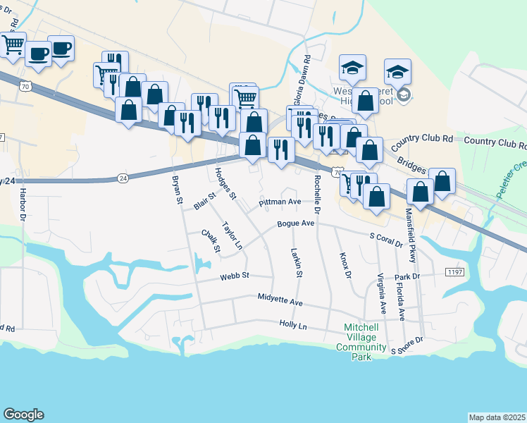 map of restaurants, bars, coffee shops, grocery stores, and more near 5011-5099 Pittman Avenue in Morehead City