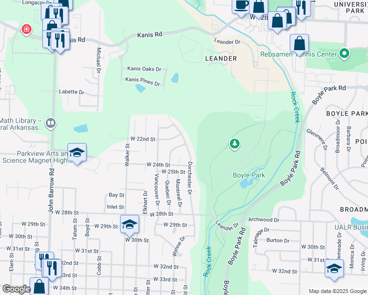 map of restaurants, bars, coffee shops, grocery stores, and more near 2226 Dorchester Drive in Little Rock