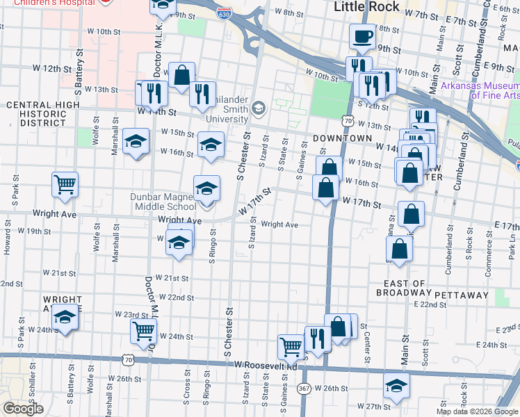 map of restaurants, bars, coffee shops, grocery stores, and more near 1801 South Izard Street in Little Rock
