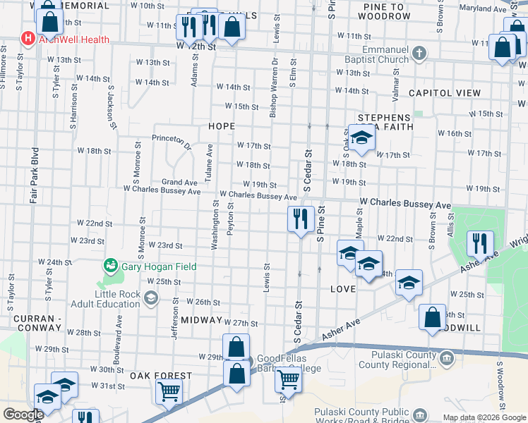 map of restaurants, bars, coffee shops, grocery stores, and more near 2024 Lewis Street in Little Rock