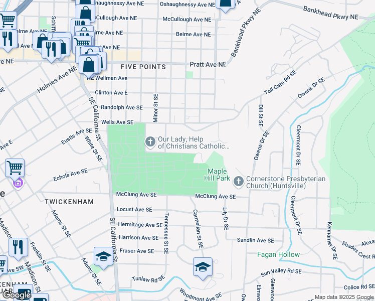map of restaurants, bars, coffee shops, grocery stores, and more near 1411 Kingsbury Avenue Southeast in Huntsville