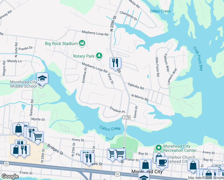 map of restaurants, bars, coffee shops, grocery stores, and more near 1001 North Yaupon Terrace in Morehead City