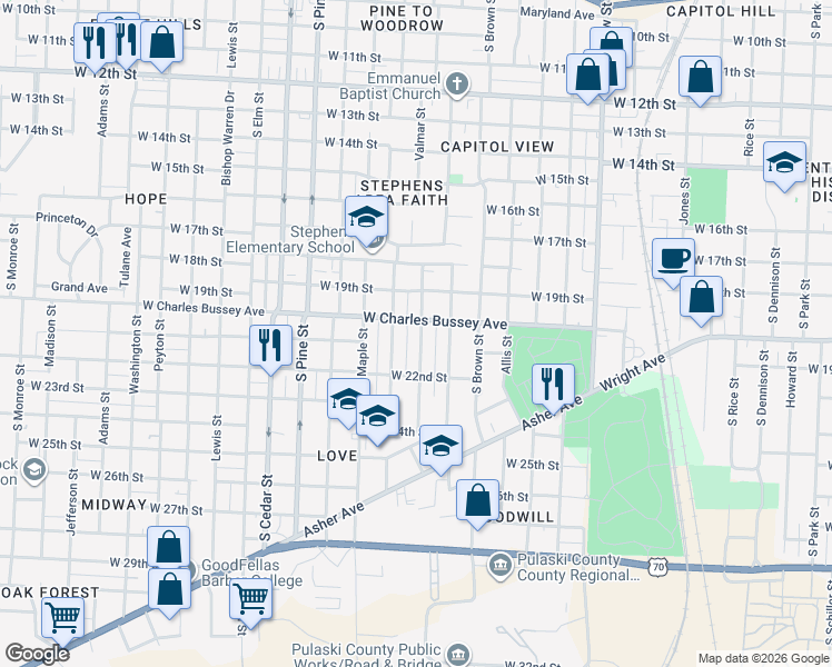 map of restaurants, bars, coffee shops, grocery stores, and more near 2008 Valmar Street in Little Rock