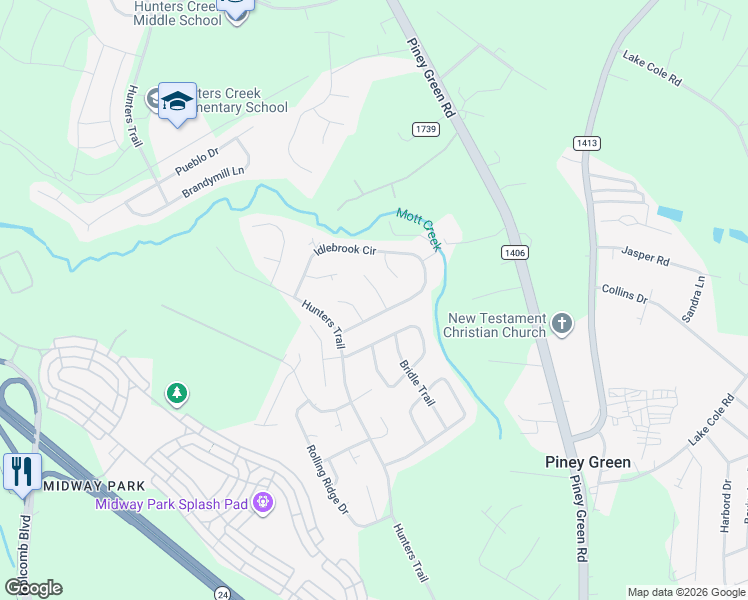 map of restaurants, bars, coffee shops, grocery stores, and more near 203 Teakwood Place in Piney Green