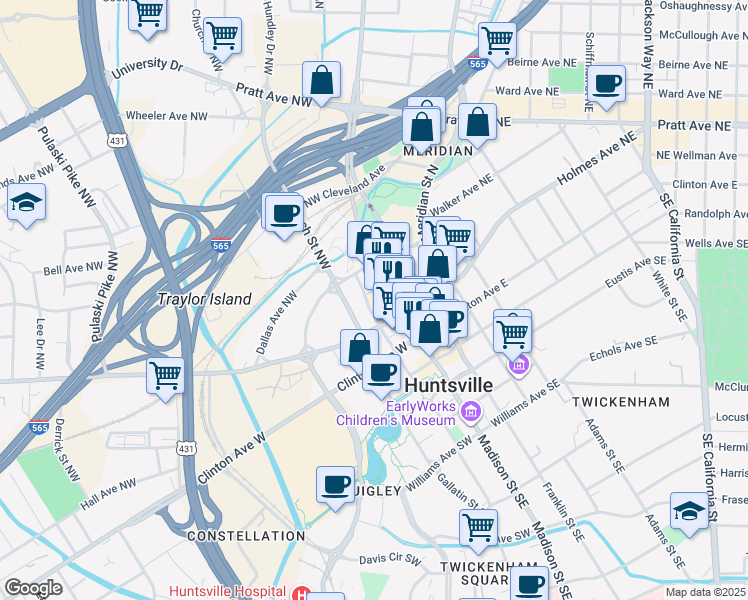 map of restaurants, bars, coffee shops, grocery stores, and more near 246 Church Street Northwest in Huntsville