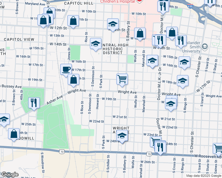 map of restaurants, bars, coffee shops, grocery stores, and more near 2020 Wright Avenue in Little Rock