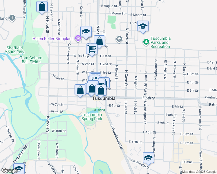 map of restaurants, bars, coffee shops, grocery stores, and more near 201 East 5th Street in Tuscumbia