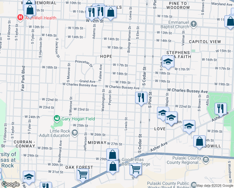 map of restaurants, bars, coffee shops, grocery stores, and more near 2024 Abigail Street in Little Rock