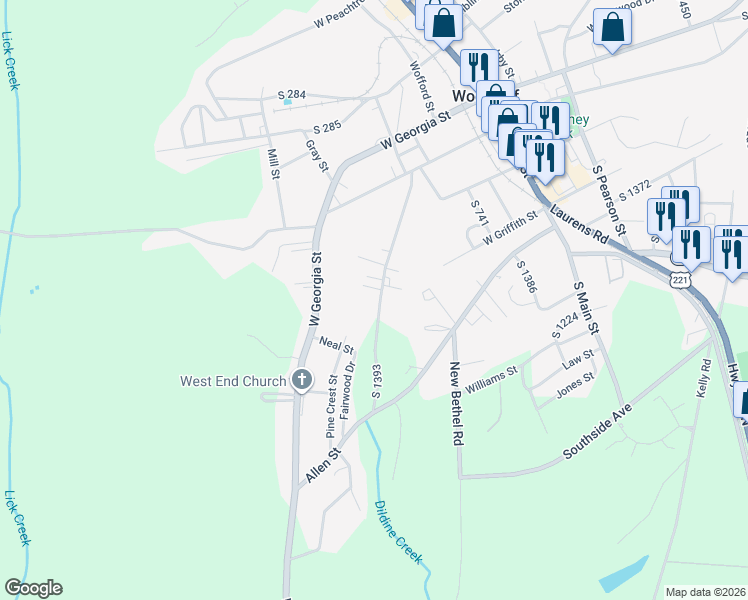map of restaurants, bars, coffee shops, grocery stores, and more near 470 Sharp Street in Woodruff