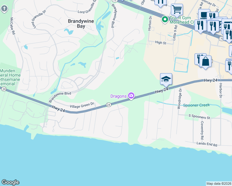 map of restaurants, bars, coffee shops, grocery stores, and more near 400-460 Highway 24 in Morehead City