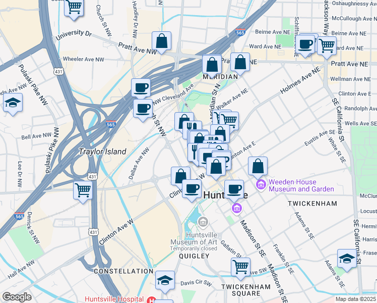 map of restaurants, bars, coffee shops, grocery stores, and more near 246 Church Street Northwest in Huntsville