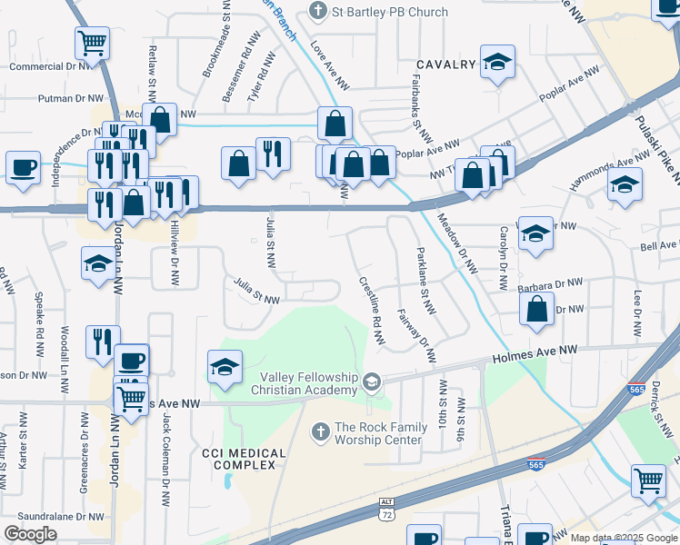 map of restaurants, bars, coffee shops, grocery stores, and more near 670 Julia Street Northwest in Huntsville