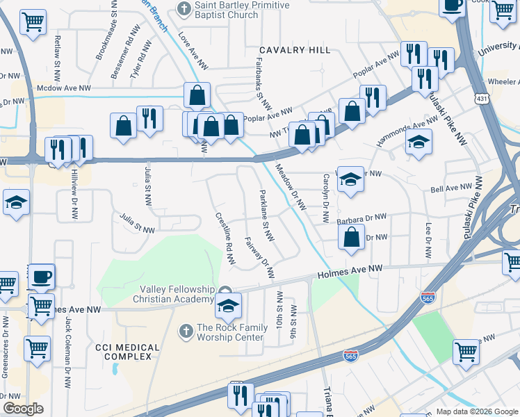 map of restaurants, bars, coffee shops, grocery stores, and more near 1003 Parklane Street Northwest in Huntsville