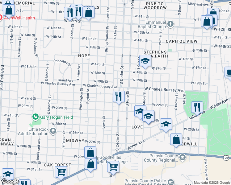 map of restaurants, bars, coffee shops, grocery stores, and more near 4008 West 21st Street in Little Rock