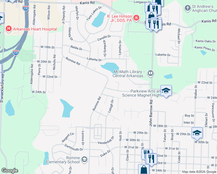 map of restaurants, bars, coffee shops, grocery stores, and more near 9320 Tanya Drive in Little Rock
