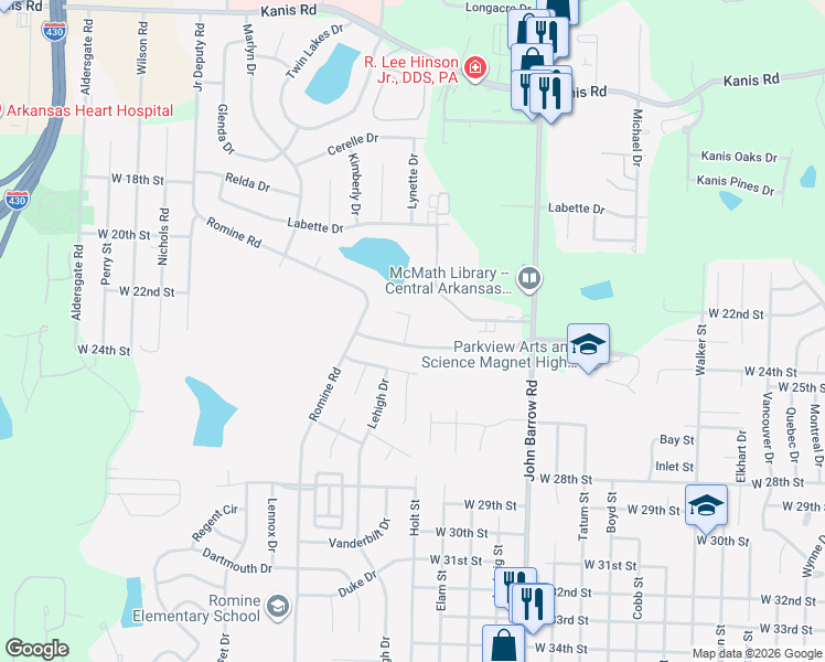 map of restaurants, bars, coffee shops, grocery stores, and more near 3 Tanya Court in Little Rock