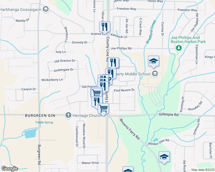 map of restaurants, bars, coffee shops, grocery stores, and more near 12157 County Line Road in Madison