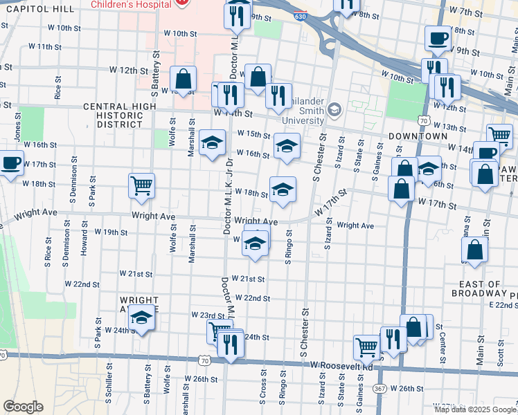 map of restaurants, bars, coffee shops, grocery stores, and more near 1817 South Pulaski Street in Little Rock
